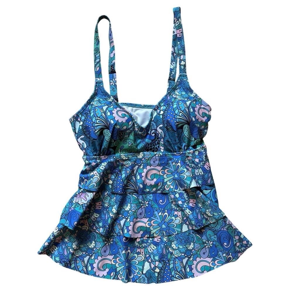 New Nicole Miller Studio Tiered Blue Ruffle Tankini Top Small